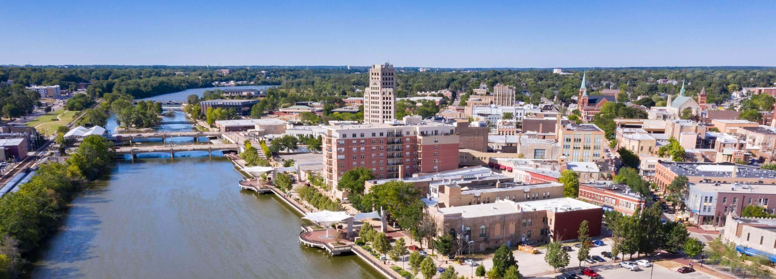 aerial shot of Downtown Elgin and the Fox River