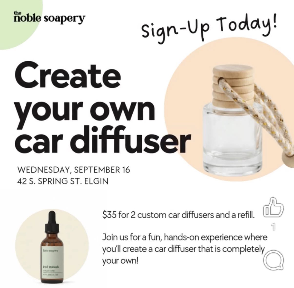 🍂✨ Create Your Own Car Diffusers + Refill Workshop! ✨🍂 Join The Noble Soapery at Made in Elgin Shops on Spring for a fun, hands-on experience where you’ll create a car diffuser that is completely your own! Wednesday, September 16 📍 Made in Elgin Shops on Spring 42 S. Spring Street Elgin, IL 60120 Hosted by The Noble Soapery